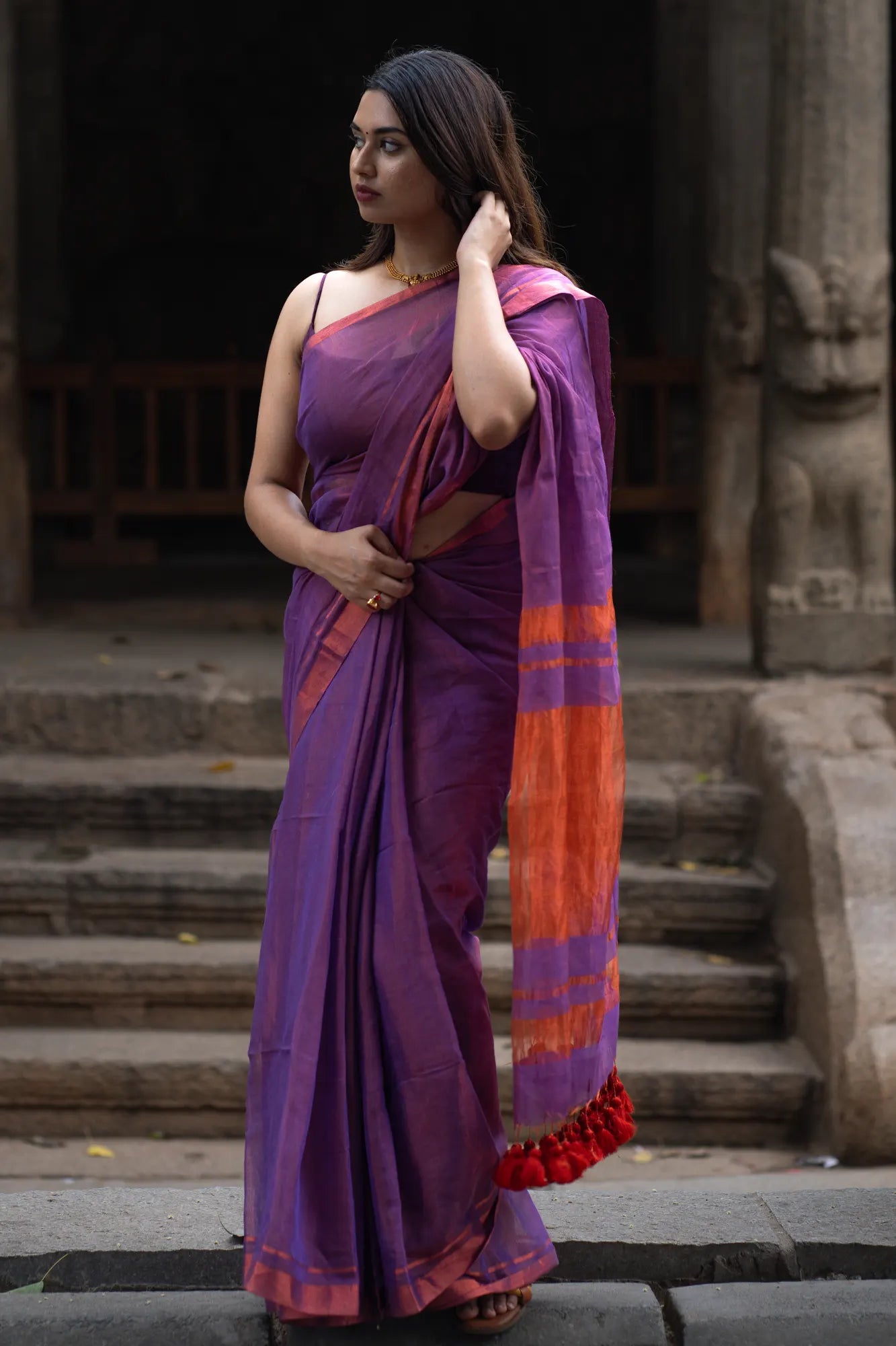 Dark Purple Chanderi Silk Saree with Flower Bootis all over – Roots Handloom