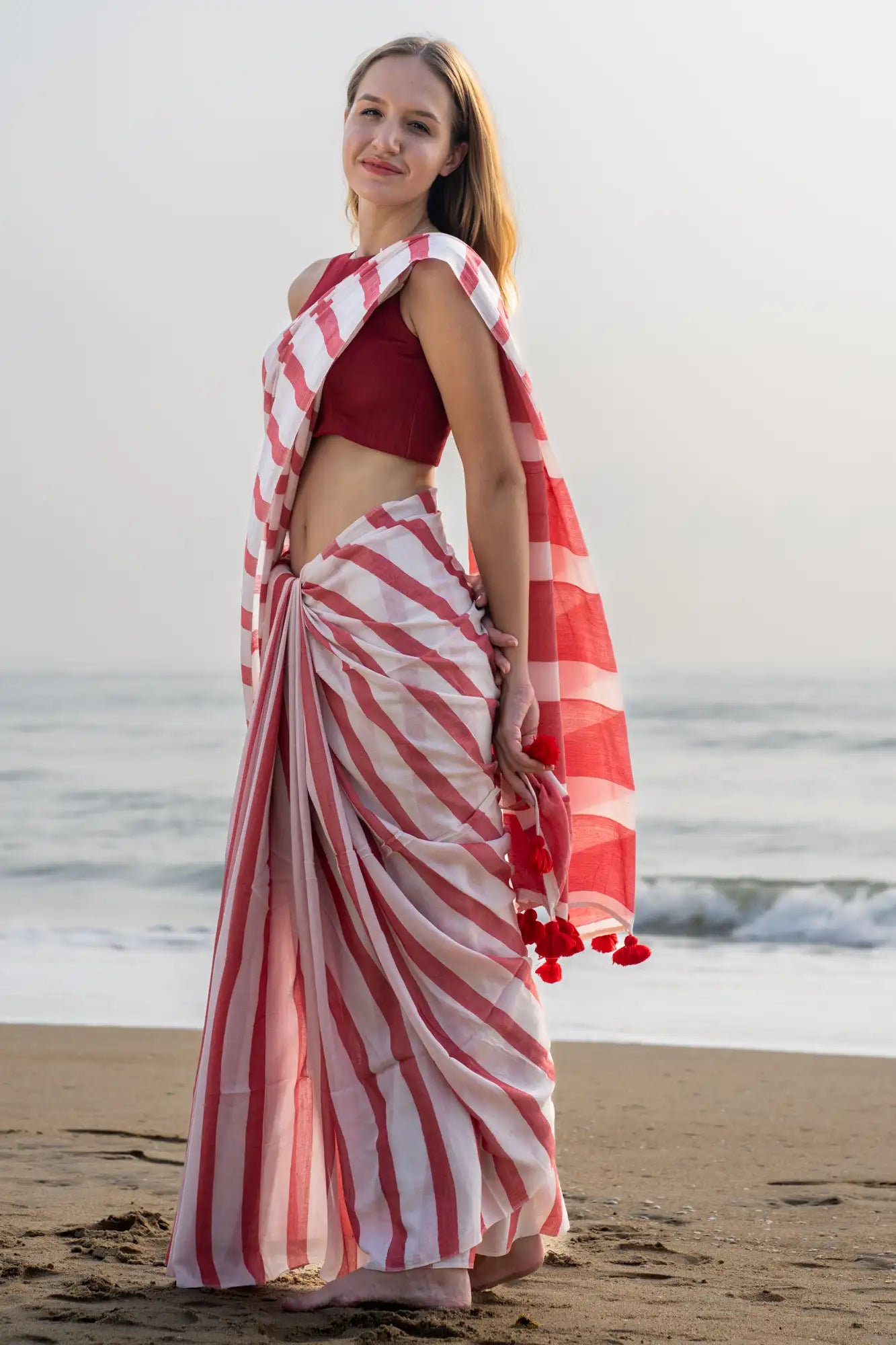 Ruby Radiance Stripe Saree