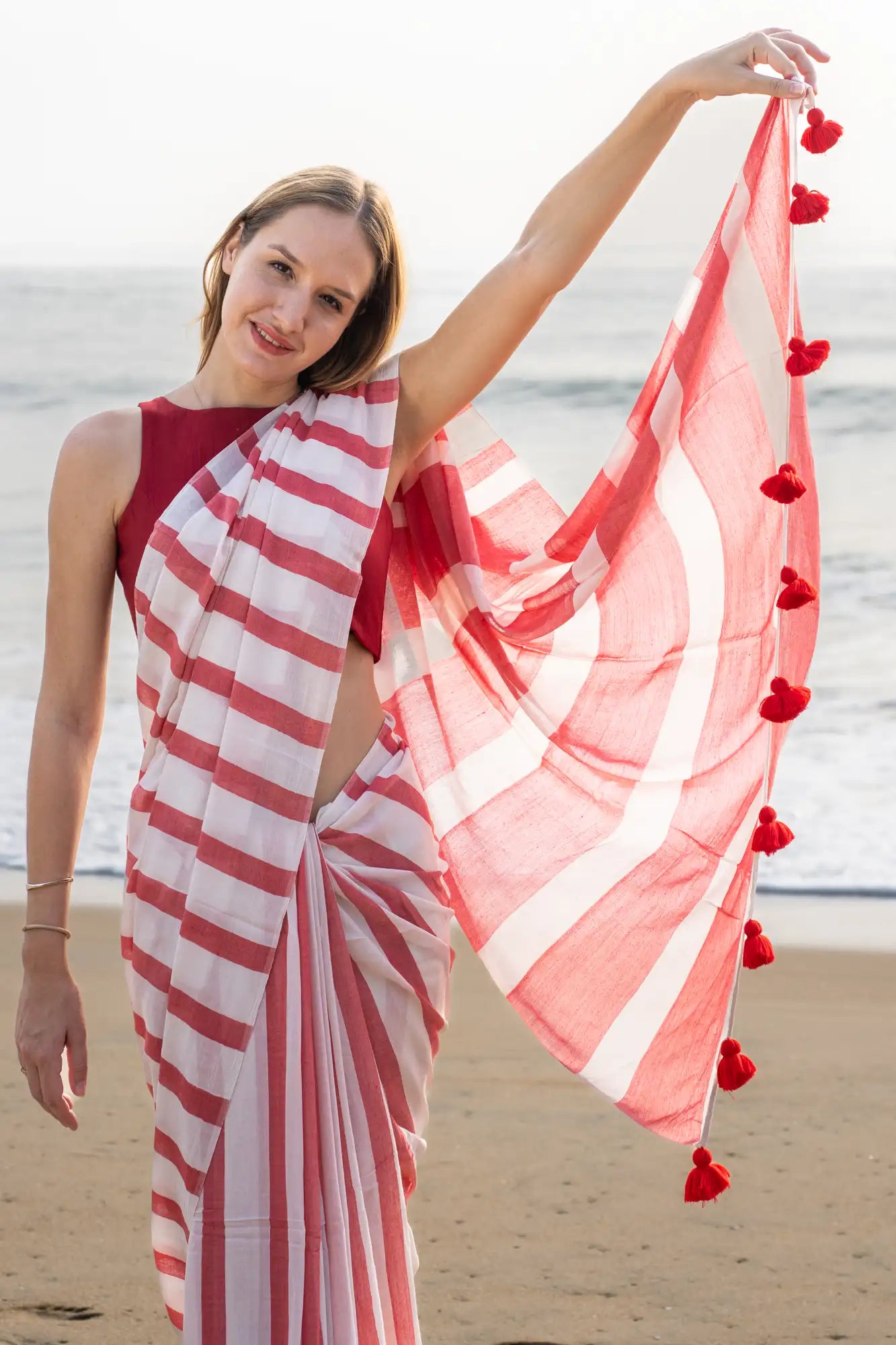 Ruby Radiance Stripe Saree