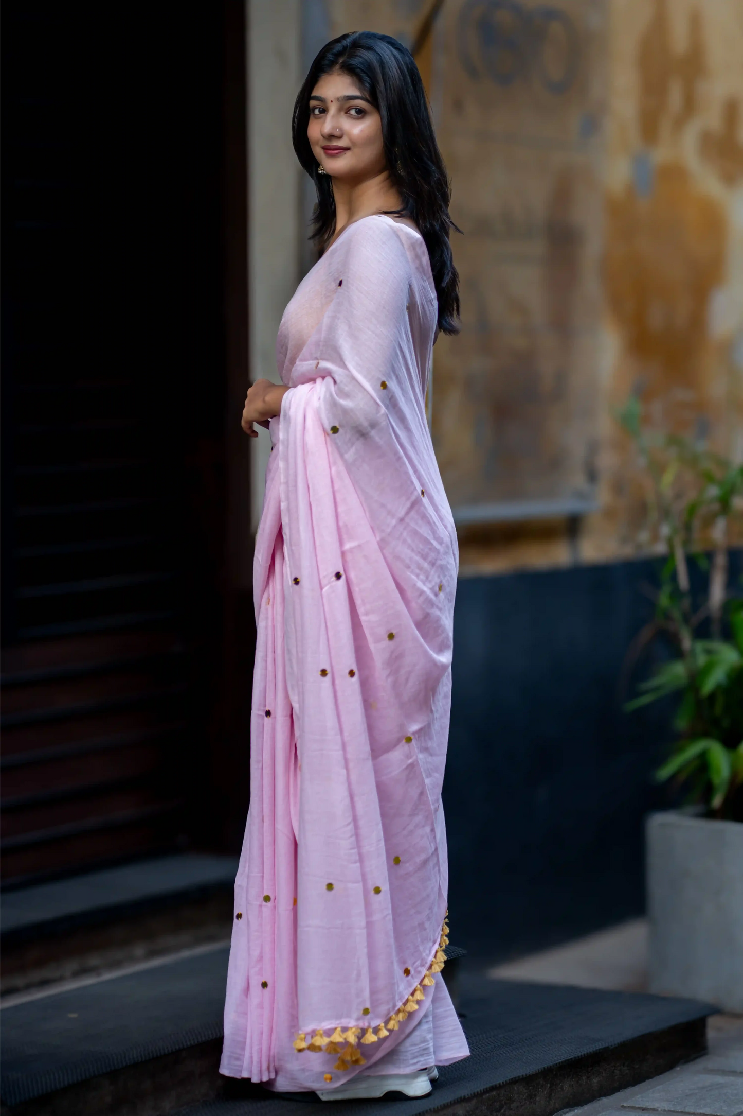 Baby Pink Sequin Cotton Saree