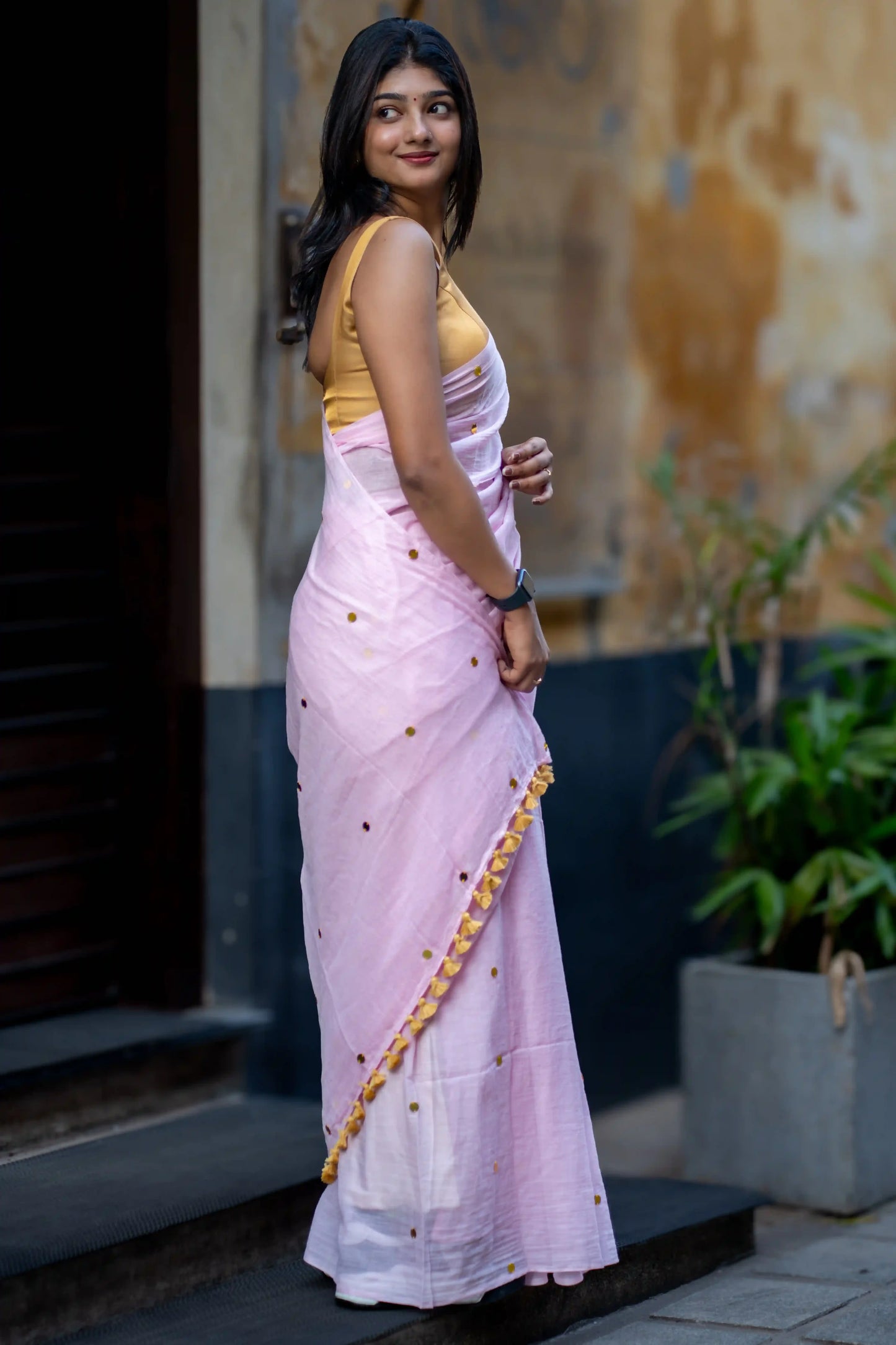 Baby Pink Sequin Cotton Saree
