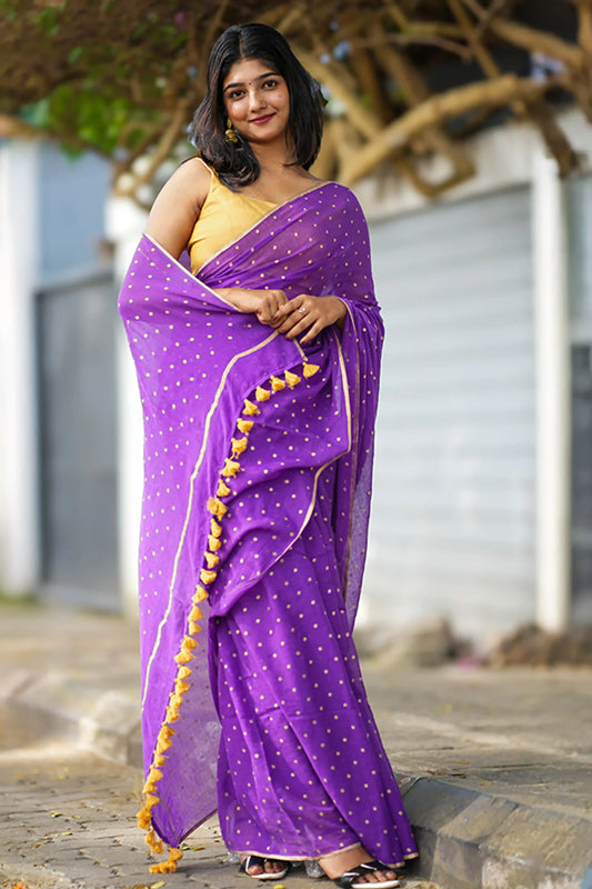 Vanam Polka Dot Gold Block Print Cotton Saree