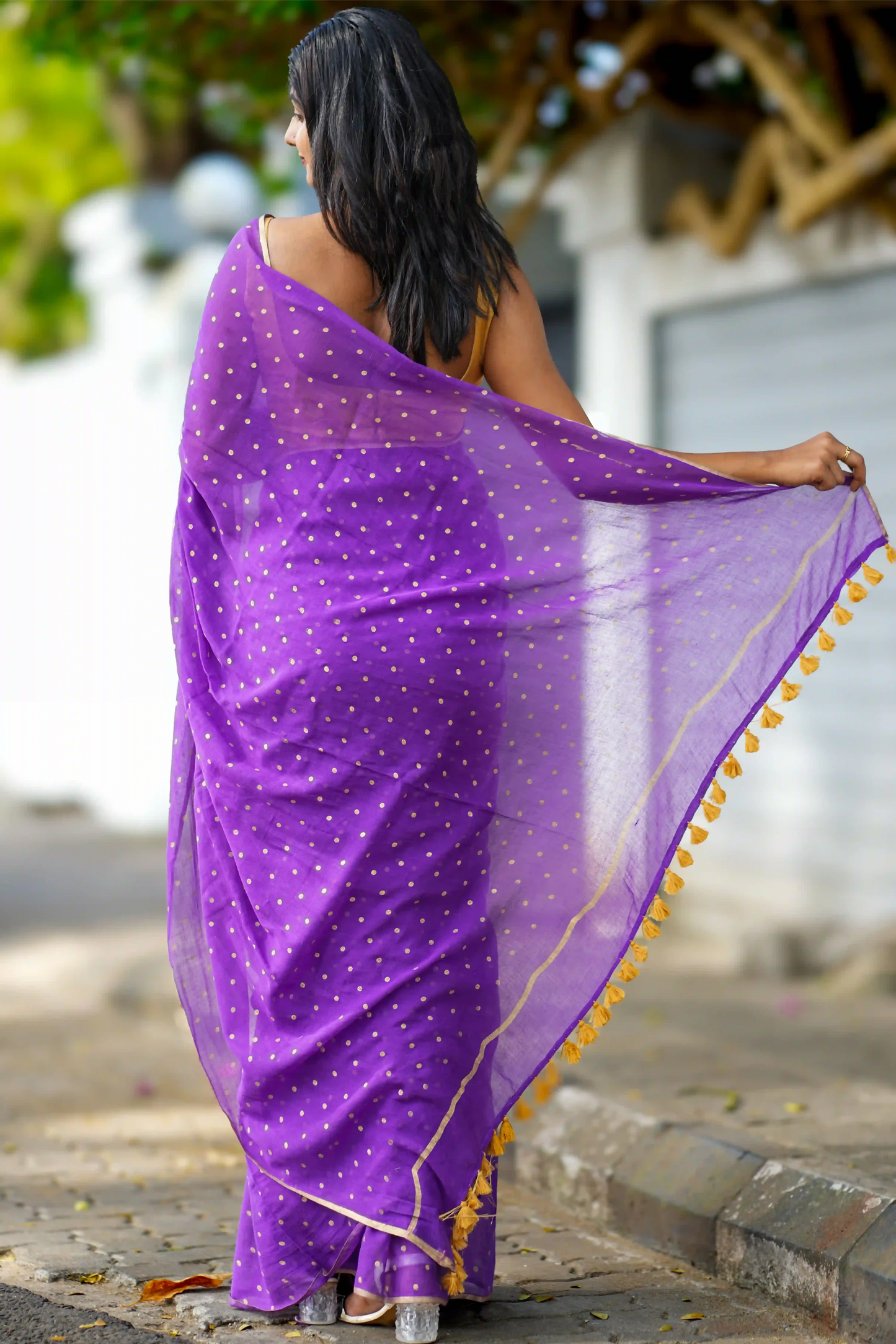 Vanam Polka Dot Gold Block Print Cotton Saree