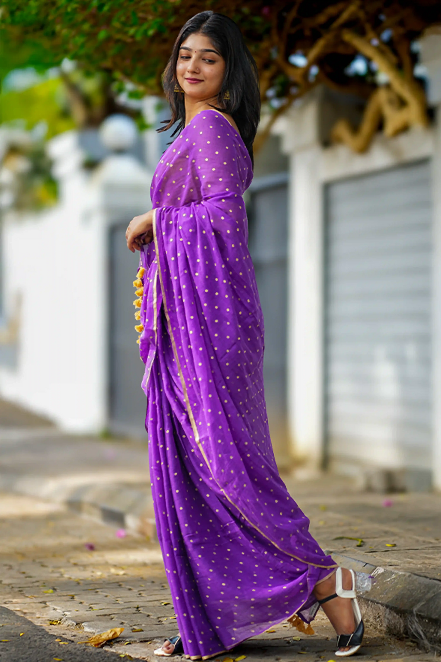 Vanam Polka Dot Gold Block Print Cotton Saree