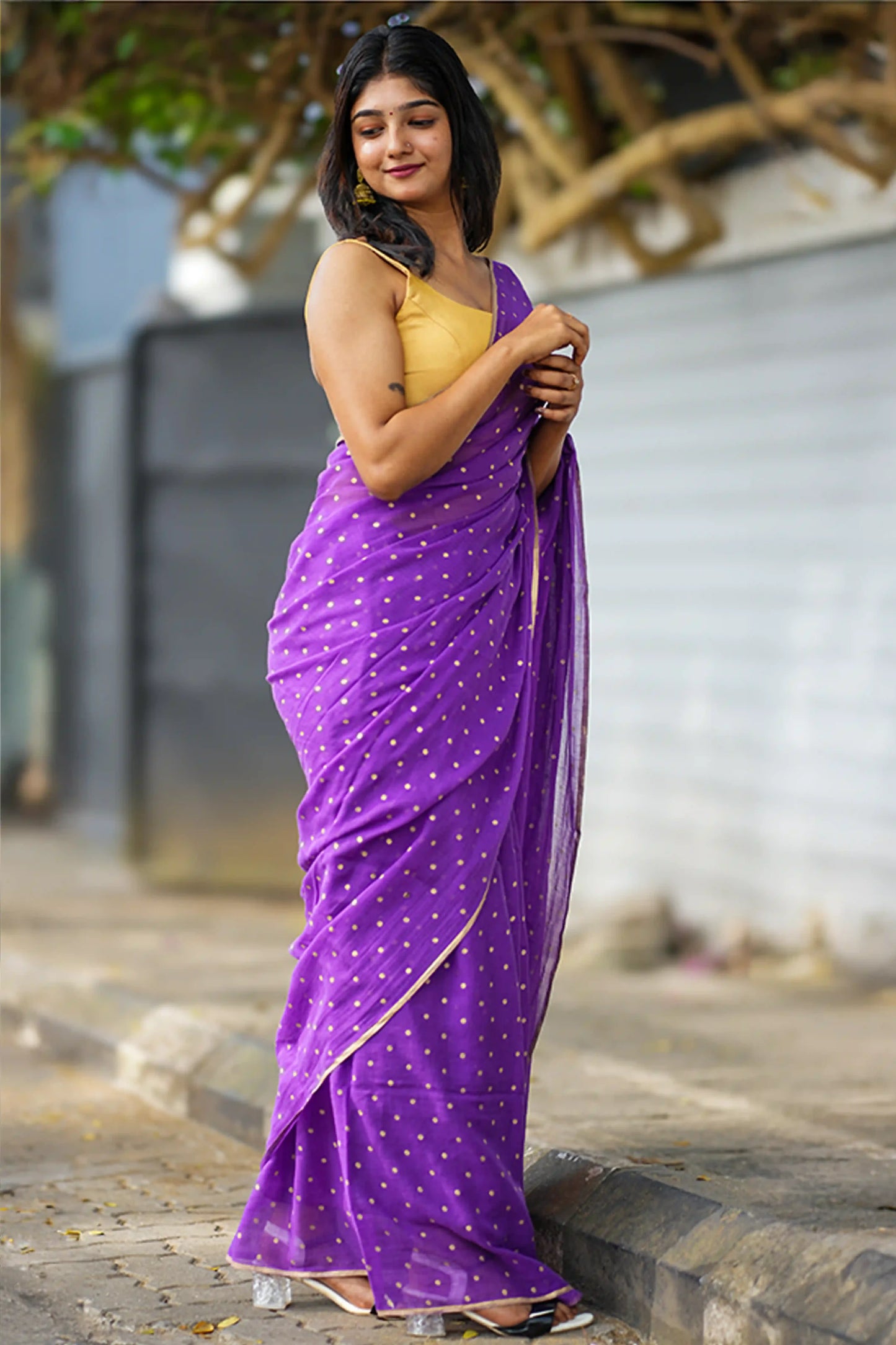 Vanam Polka Dot Gold Block Print Cotton Saree