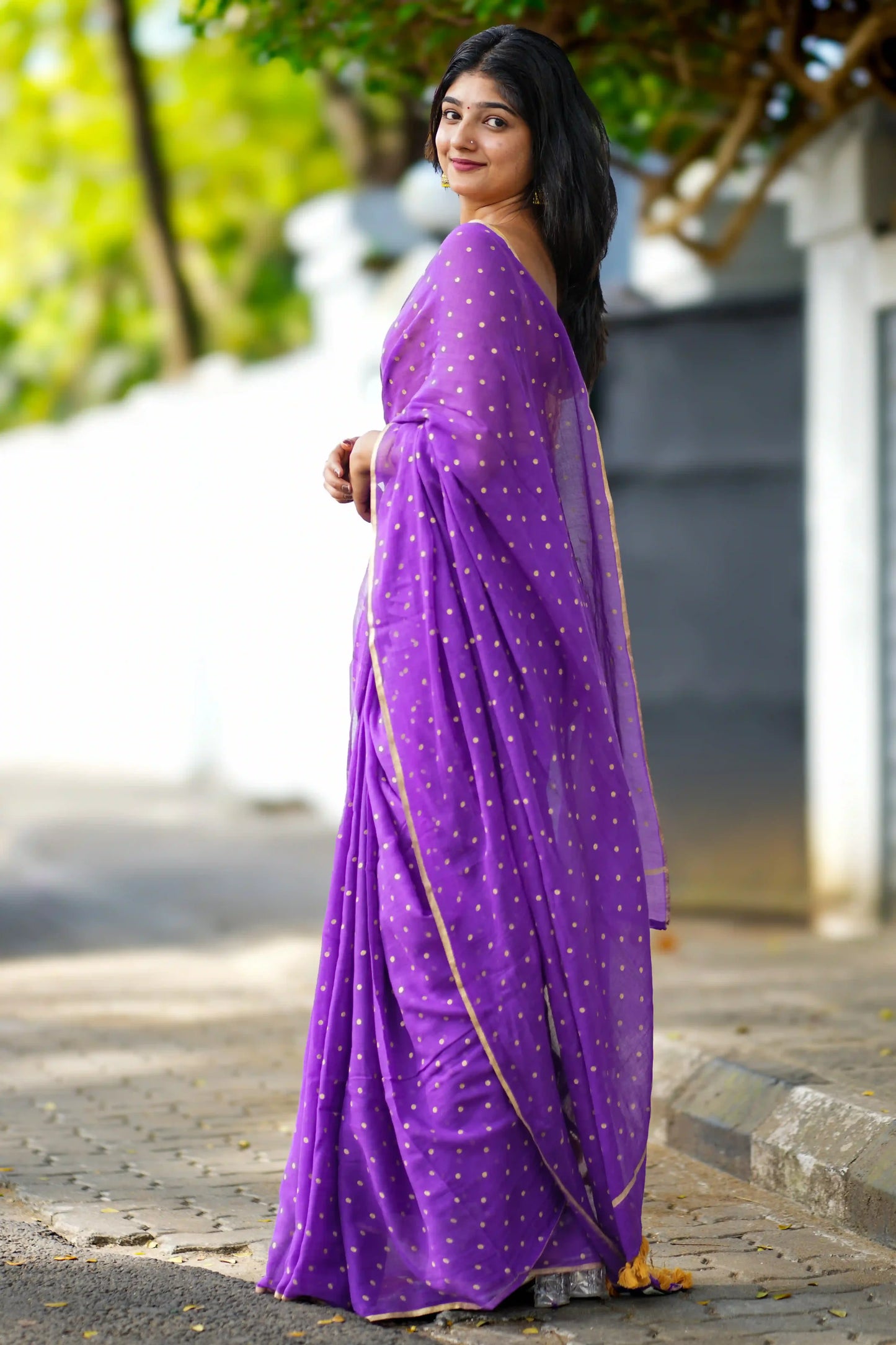 Vanam Polka Dot Gold Block Print Cotton Saree