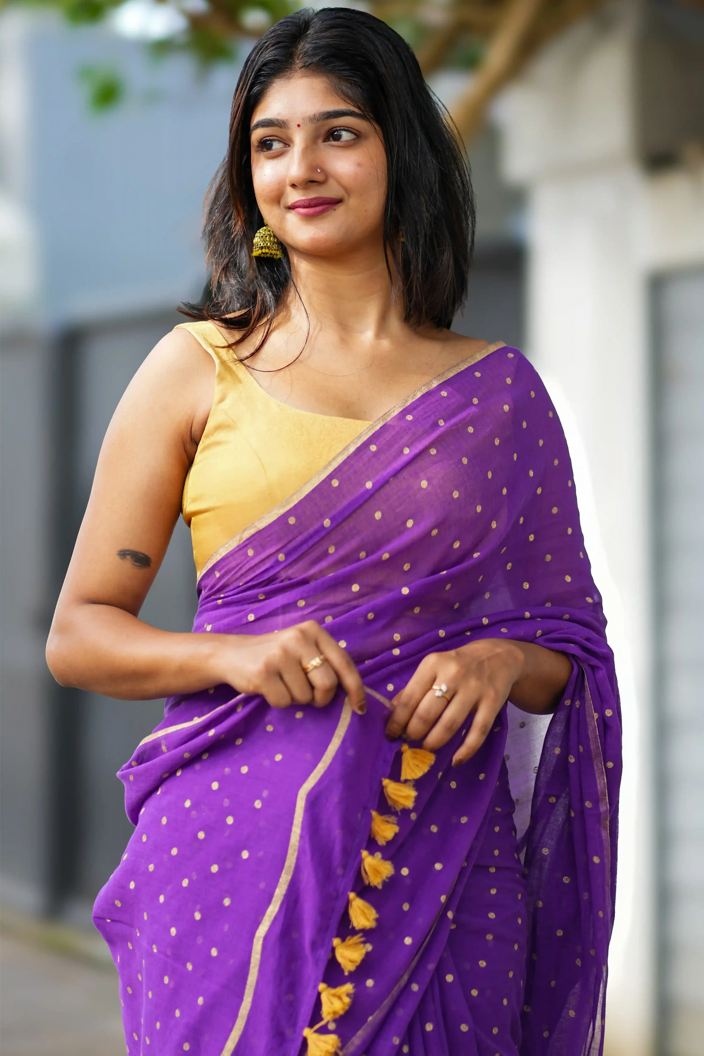 Vanam Polka Dot Gold Block Print Cotton Saree