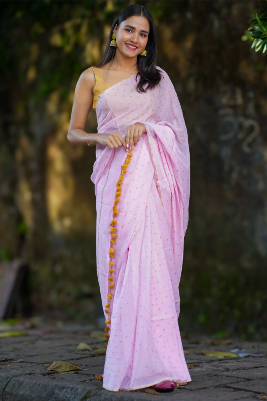Komal Pink Gold Polka Dot Cotton Saree