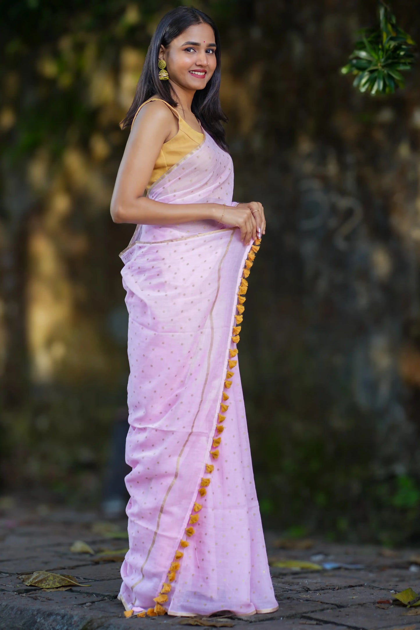 Komal Pink Gold Polka Dot Cotton Saree
