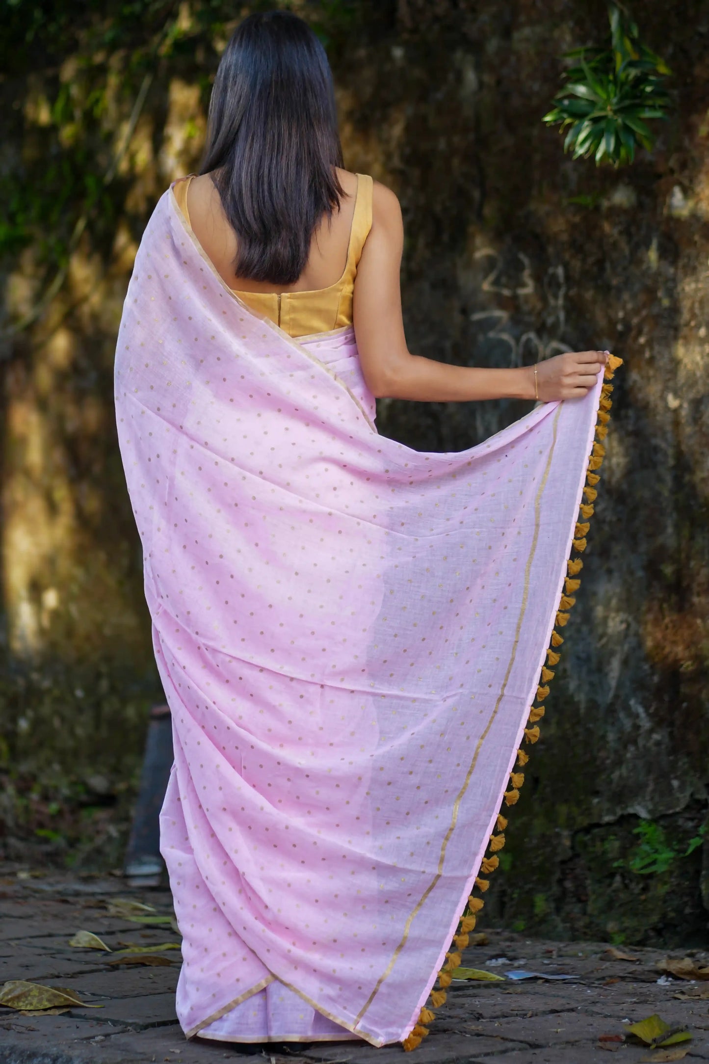 Komal Pink Gold Polka Dot Cotton Saree
