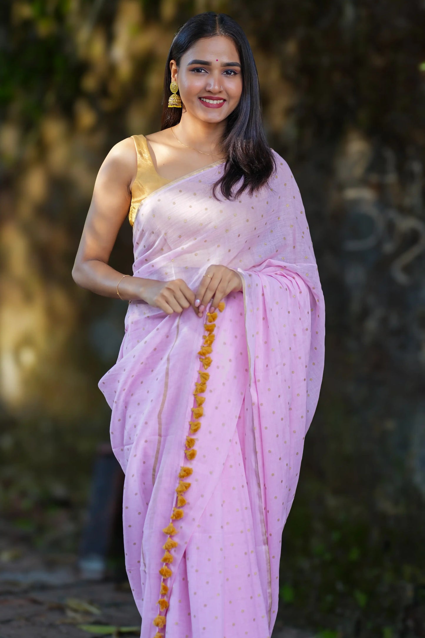 Komal Pink Gold Polka Dot Cotton Saree