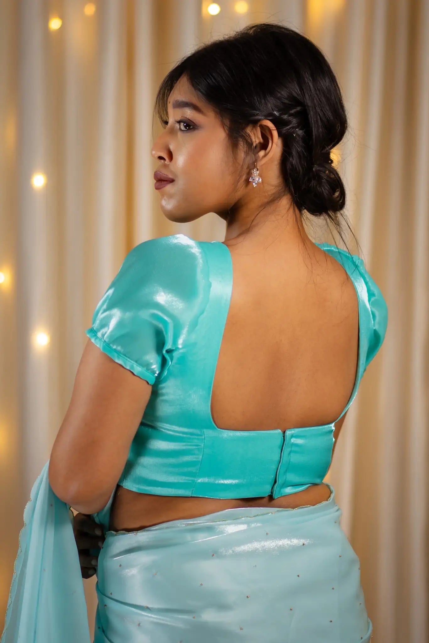 Teal-Square-Neck-Organza-Puff-Sleeve-Blouse-I-Love-Sarees
