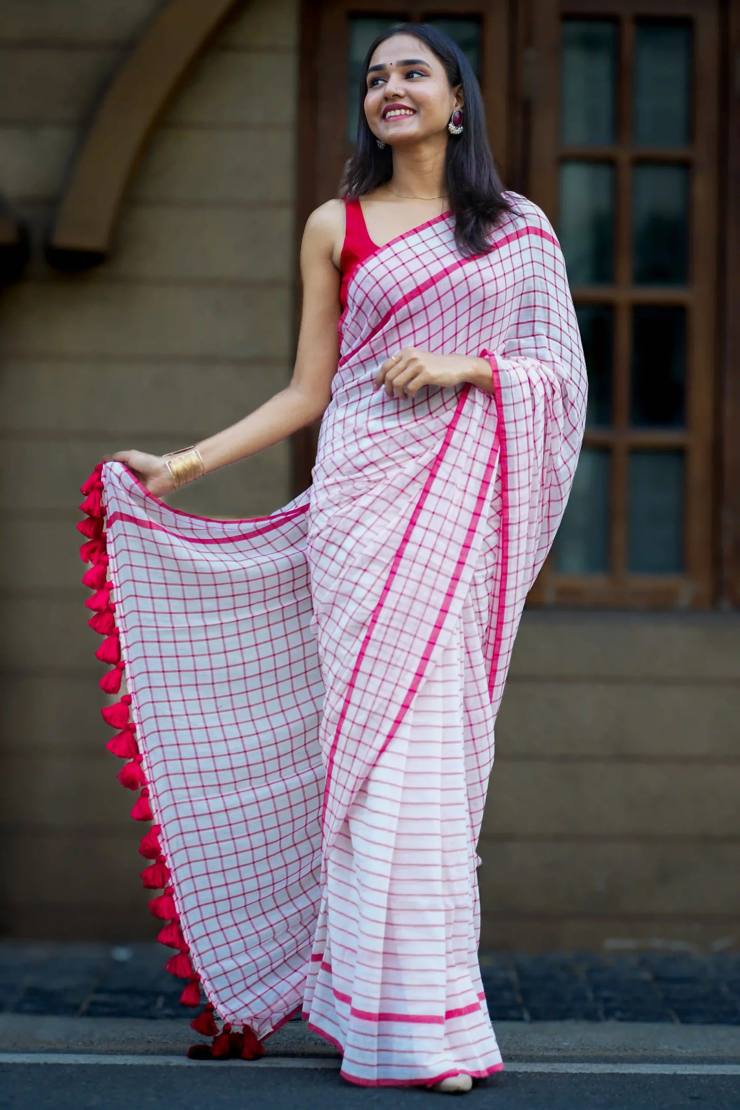Scarlet Checks Cotton Saree