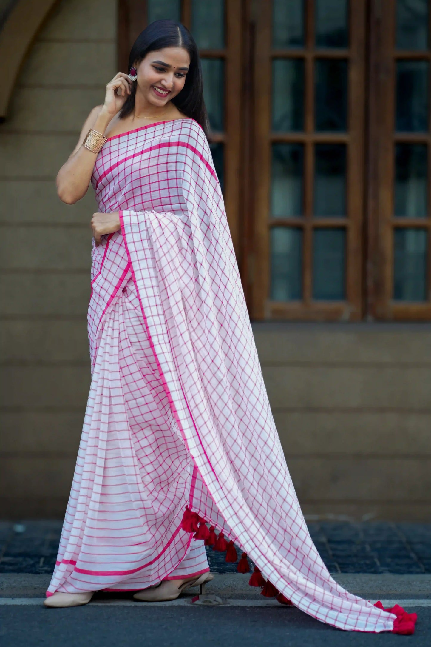 Scarlet Checks Cotton Saree