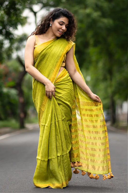 Cypress Charm Linen Saree