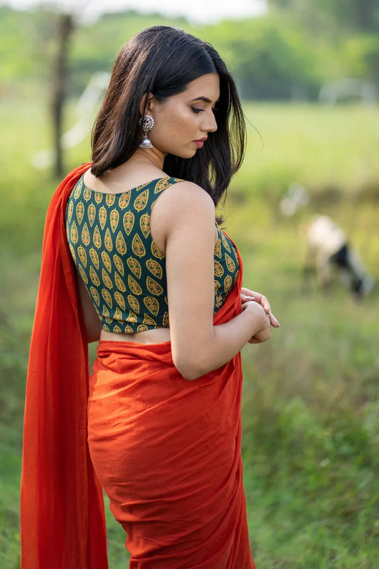 Ajrakh Print Green Sleeveless Blouse - Readymade Saree Blouse - I Love Sarees