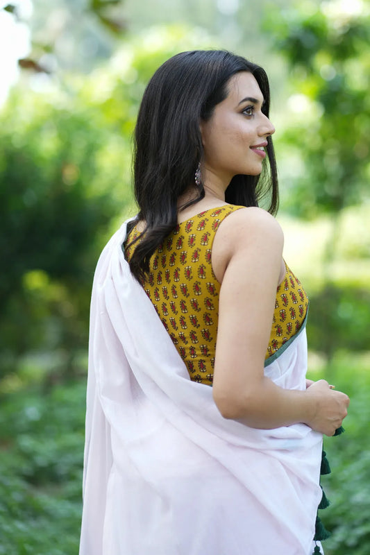 Ajrakh Print Yellow Sleeveless Blouse - Readymade Saree Blouse - I Love Sarees