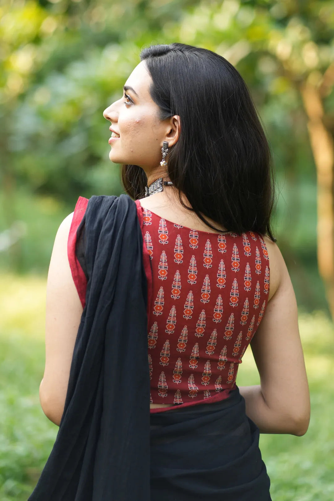 Ajrakh Red Sleeveless Blouse - Readymade Saree Blouse - I Love Sarees