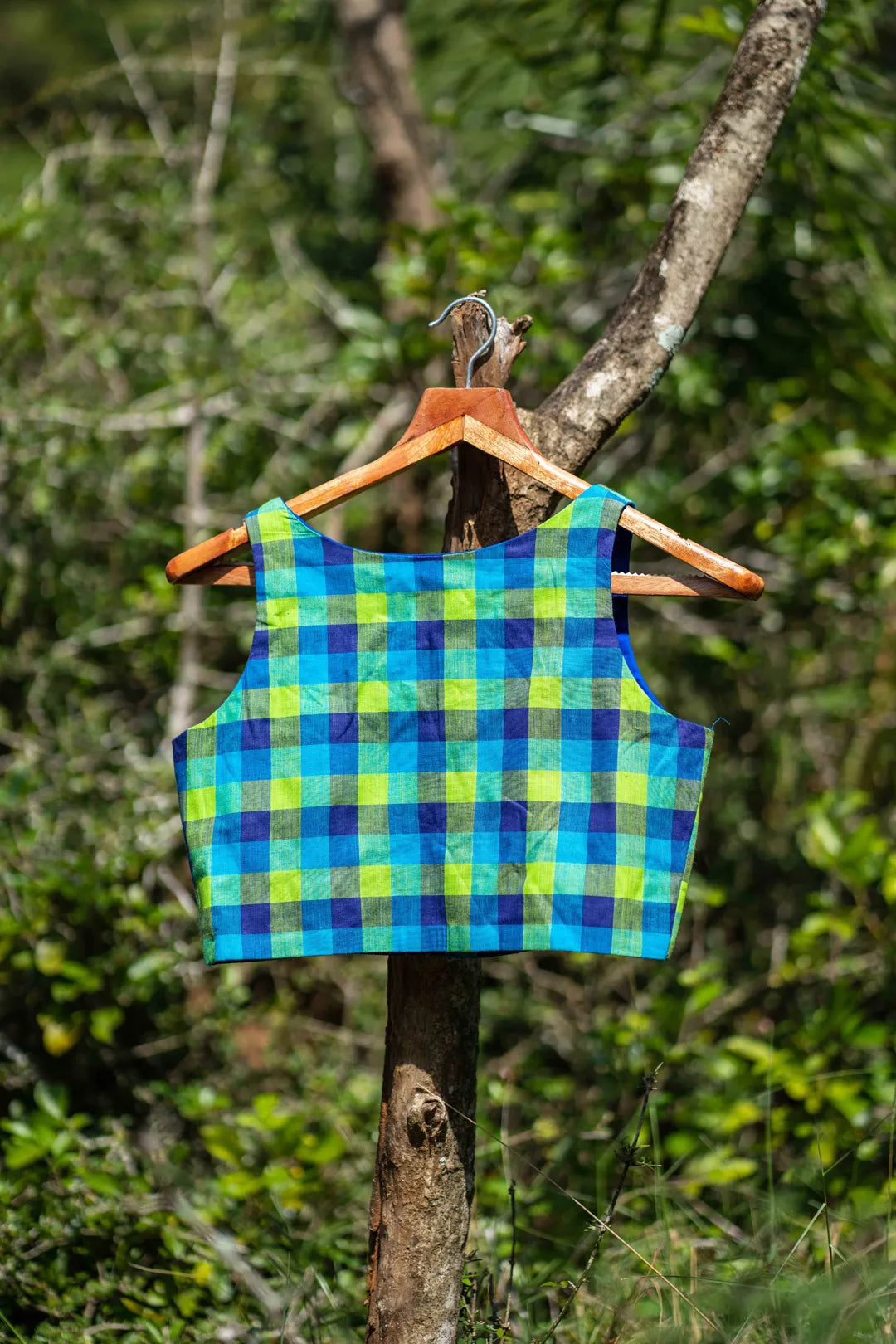 Blue and Green checked cotton sleeveless blouse - I Love Sarees