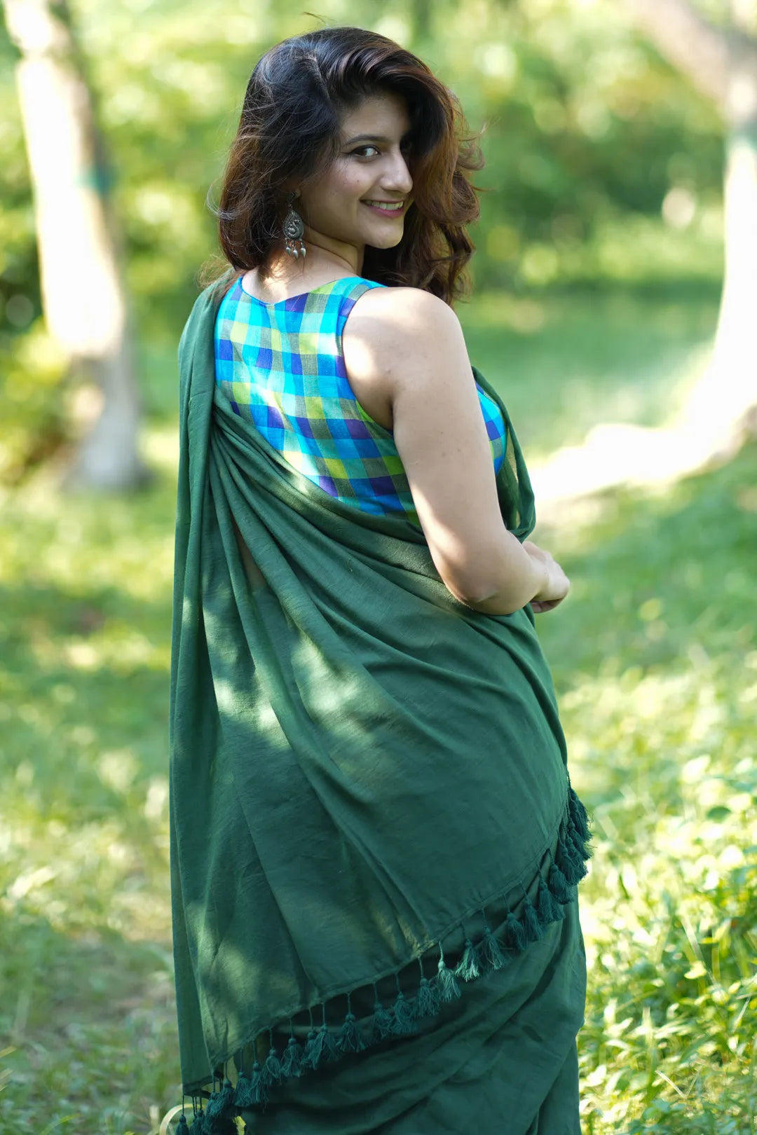 Blue and Green checked cotton sleeveless blouse - I Love Sarees