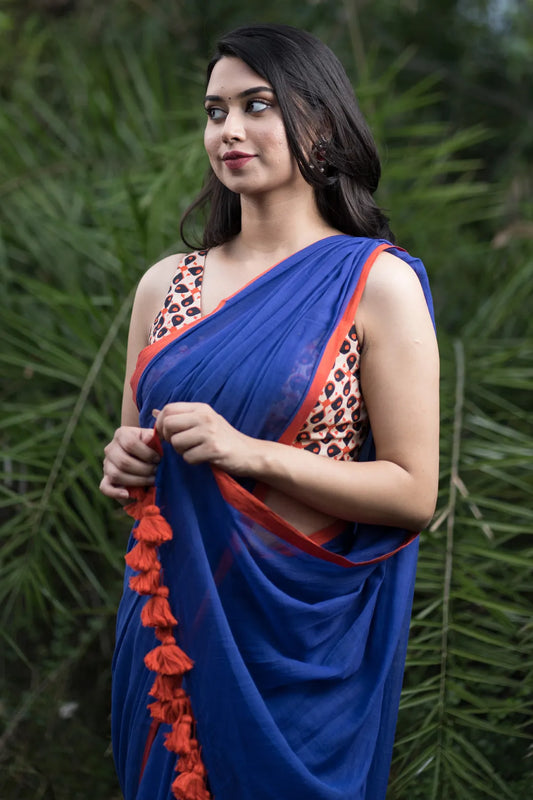 Blue saree with orange border - pure cotton saree with orange tassels - I Love Sarees