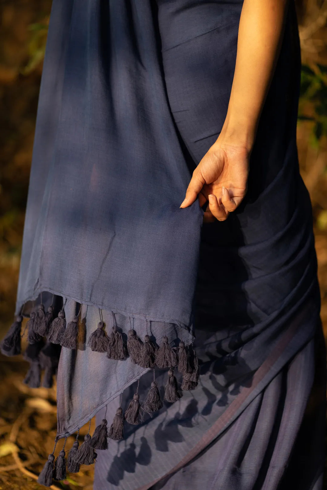 Dark Blue Plain handloom cotton Saree with blue tassels - I Love Sarees