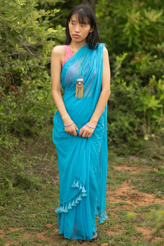 Dark Blue Plain handloom cotton saree - I Love Sarees
