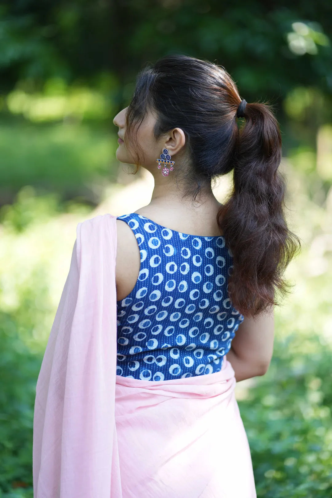 Dark Blue Sleeveless saree - blouse with Polkha dot design - I Love Sarees