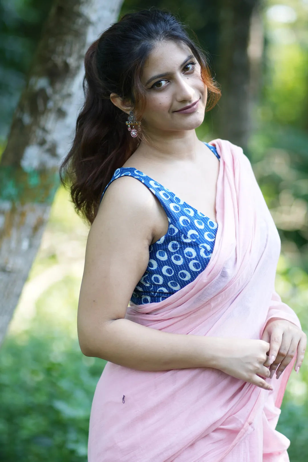 Dark Blue Sleeveless saree - blouse with Polkha dot design - I Love Sarees
