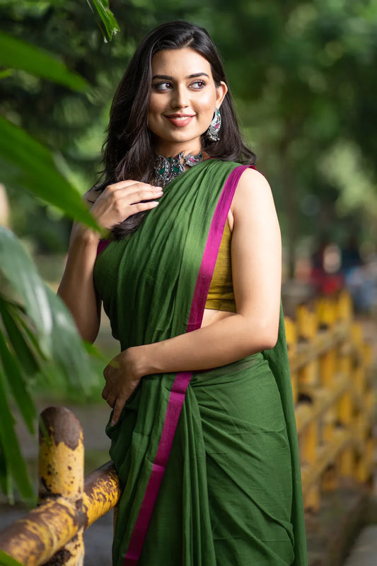 Dark green saree with pink border - pure cotton saree with pink tassels - I Love Sarees
