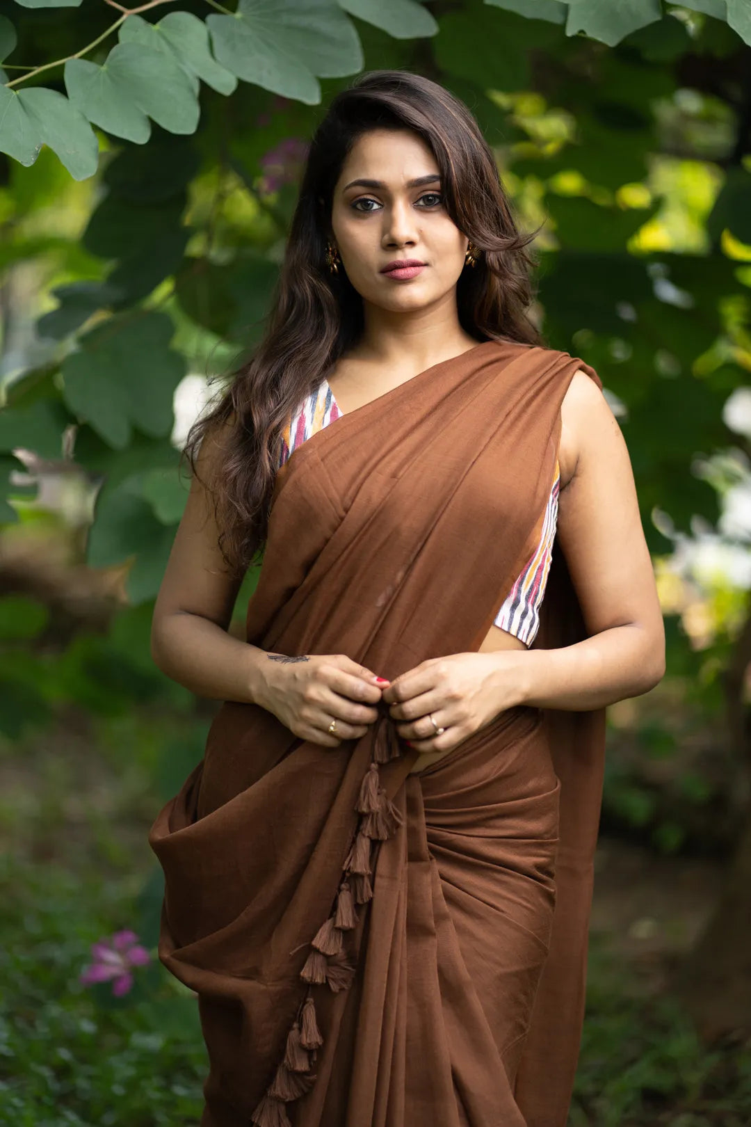 Buy FABMORA Solid/Plain Bollywood Silk Blend, Satin Brown Sarees Online @  Best Price In India | Flipkart.com