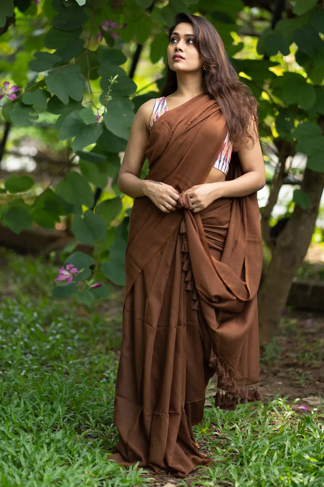 Feathery Soft Plain Brown handloom cotton Saree - I Love Sarees