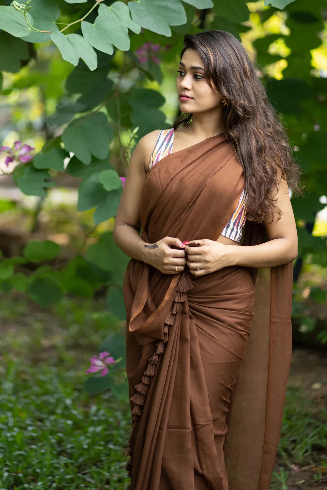 Feathery Soft Plain Brown handloom cotton Saree - I Love Sarees