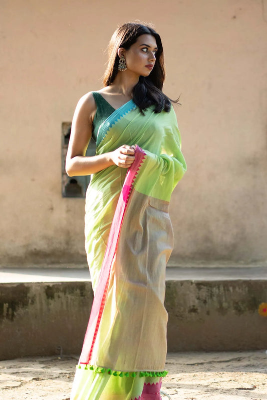 Green Saree with Pink jacquard Border - Handloom Cotton Saree - I Love Sarees
