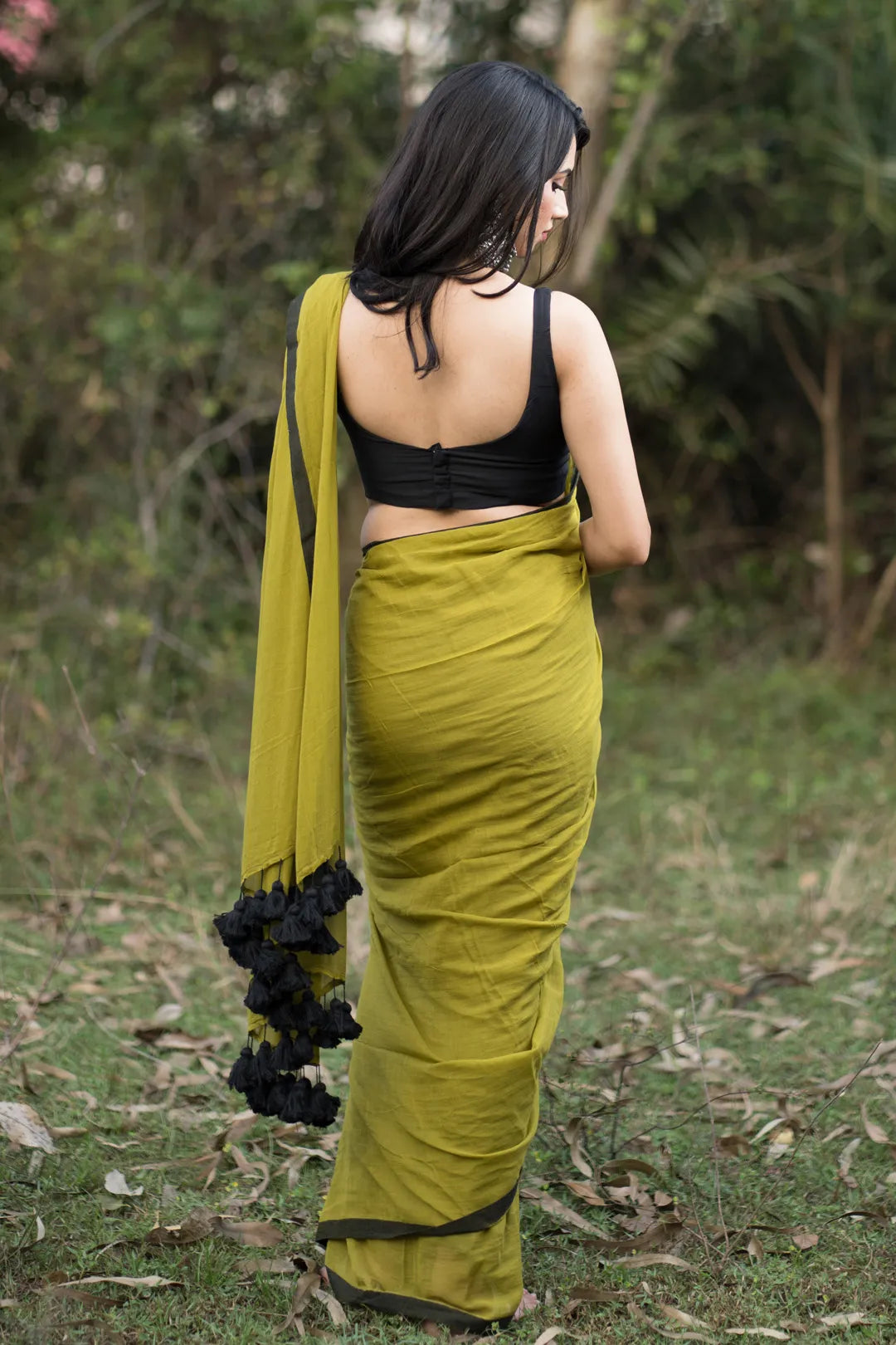 Green and black saree - pure cotton saree with black tassels - I Love Sarees