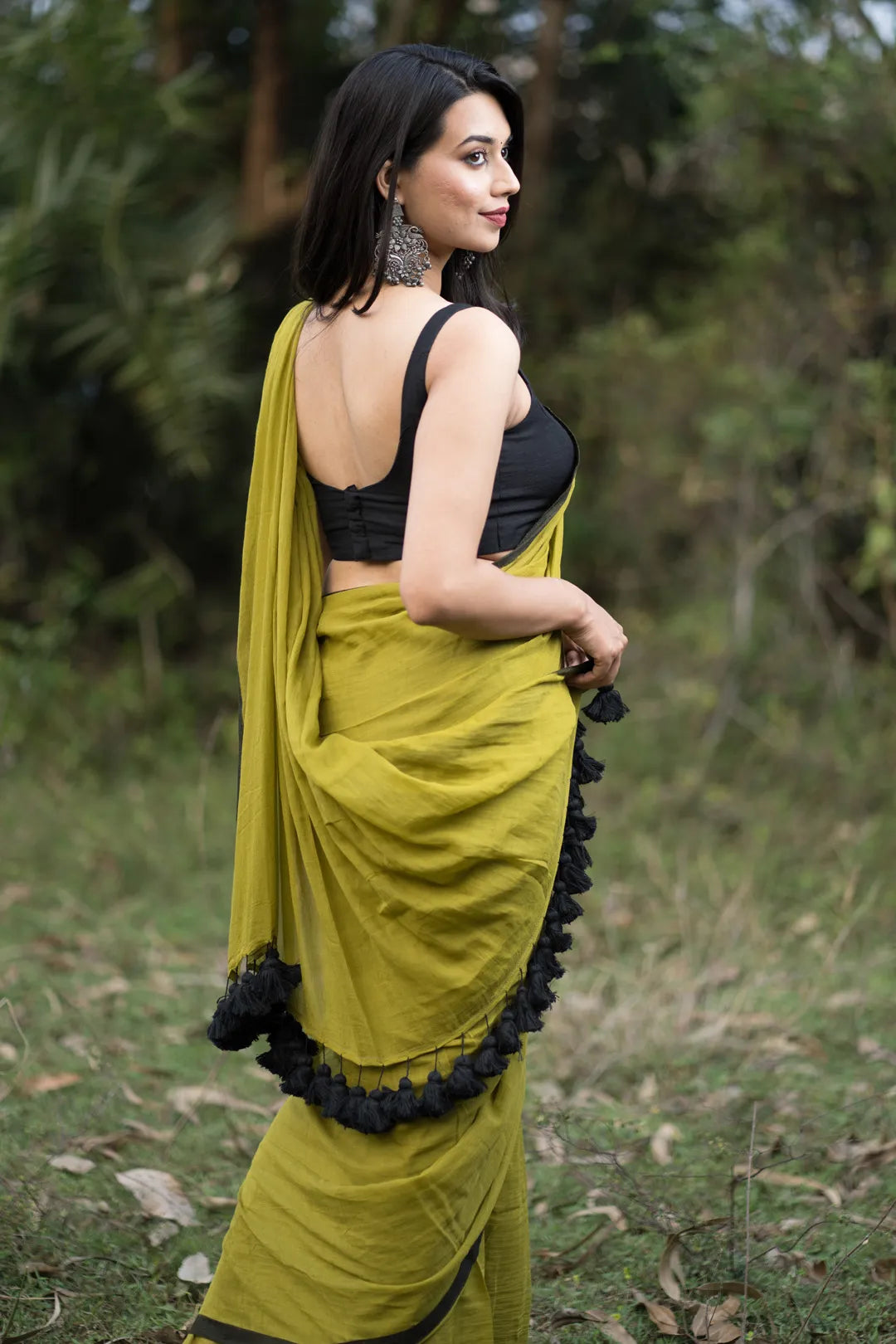 Green and black saree - pure cotton saree with black tassels - I Love Sarees