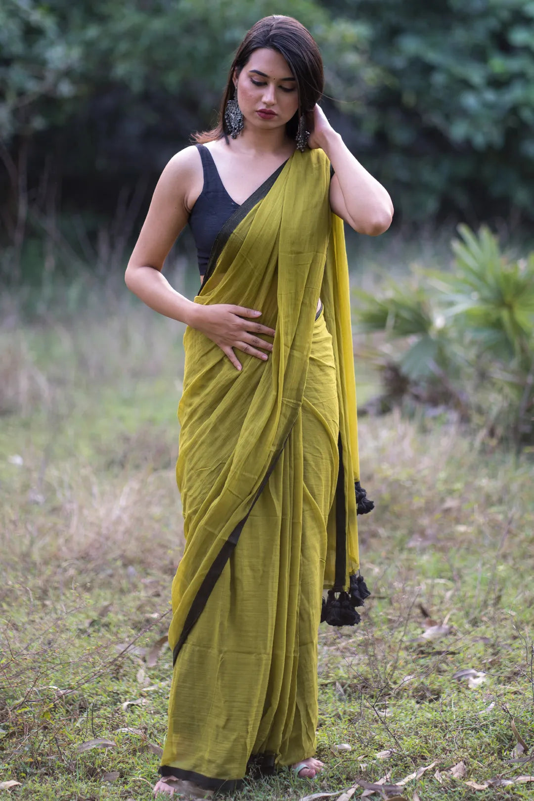 Green and black saree - pure cotton saree with black tassels - I Love Sarees