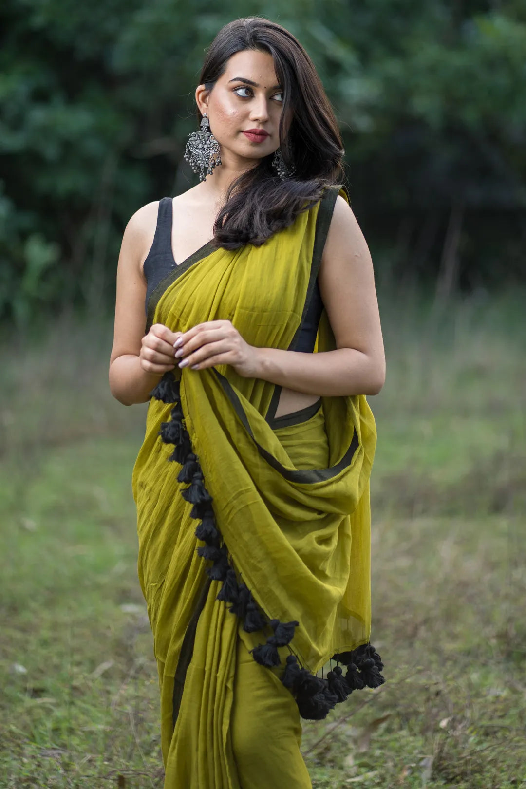 Green and black saree - pure cotton saree with black tassels - I Love Sarees