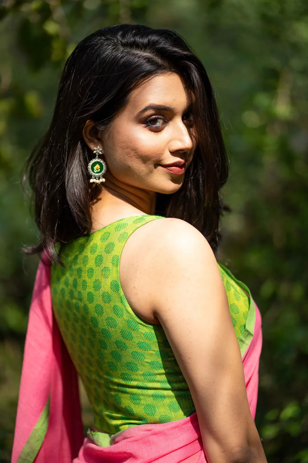Jacquard Green Cotton sleeveless readymade blouse - I Love Sarees