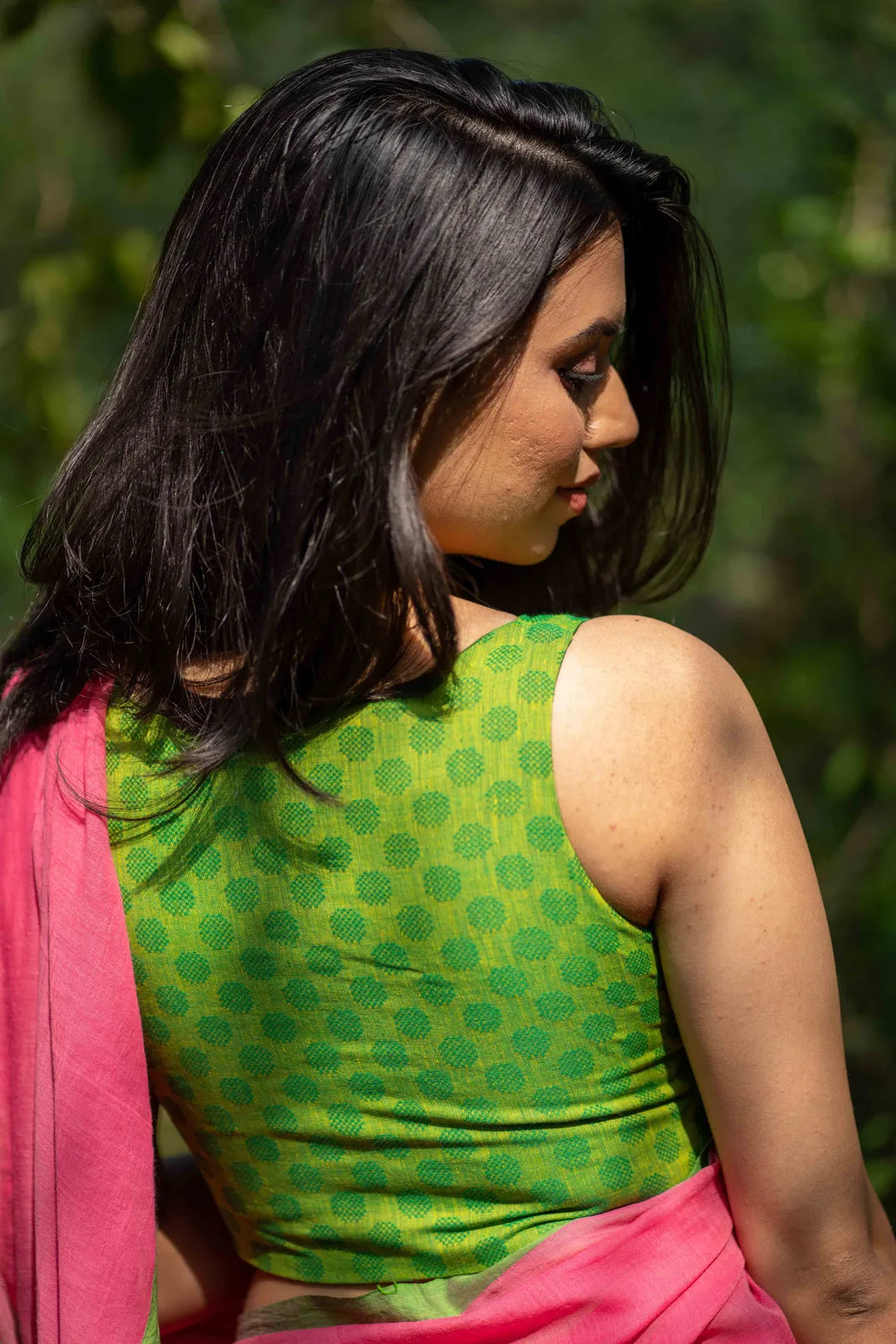 Jacquard Green Cotton sleeveless readymade blouse - I Love Sarees