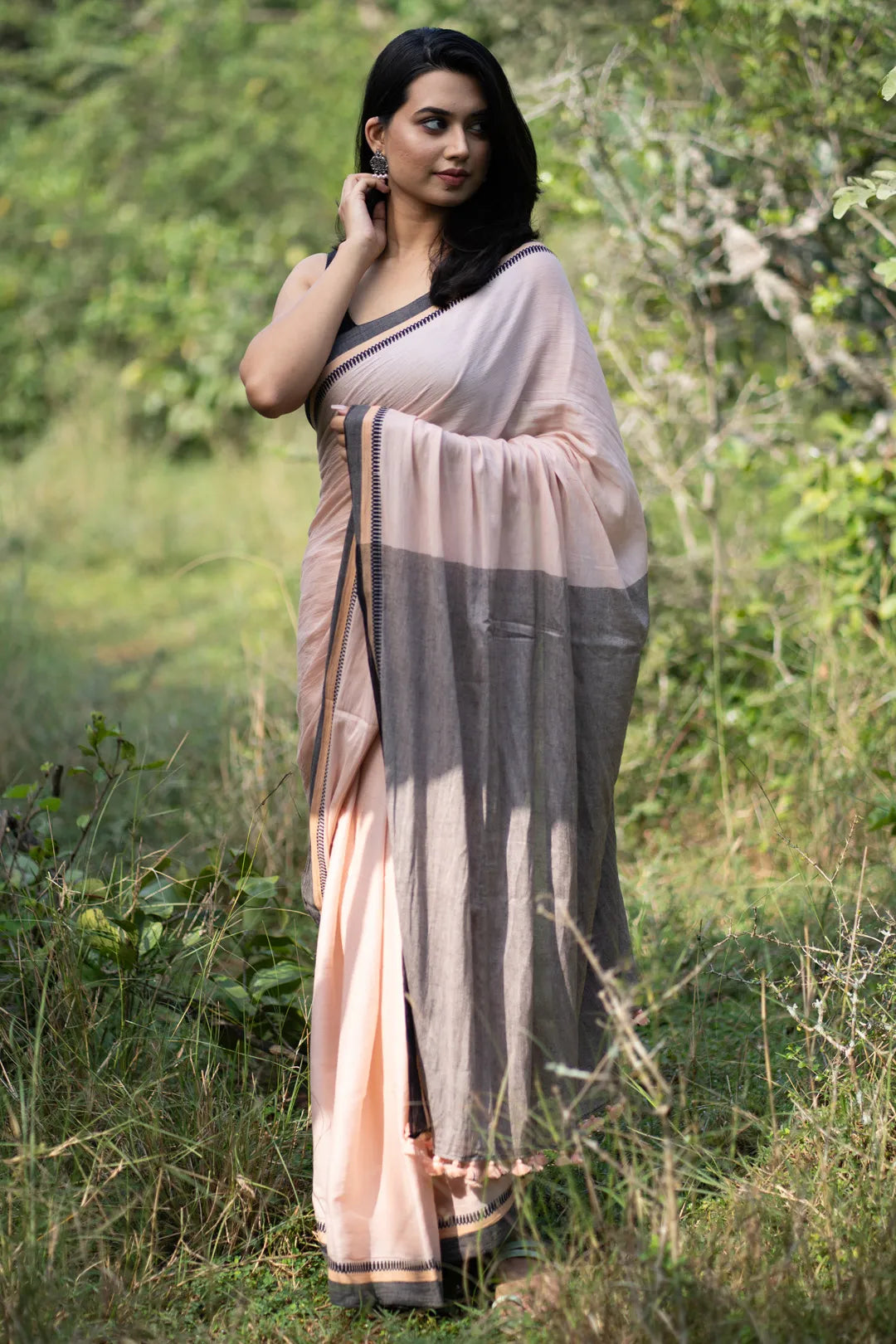 Peach Colour handloom cotton Saree with Black Jacquard Border - I Love Sarees