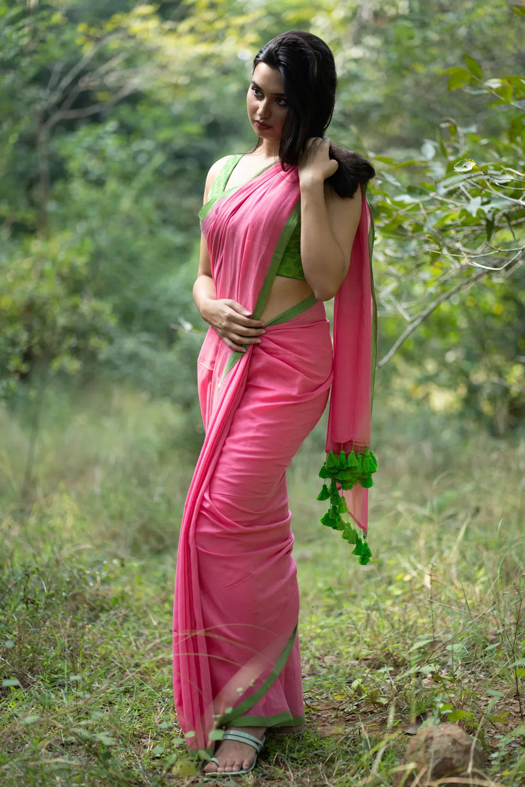 Pink saree with green border - Pure Soft Cotton Saree with Green Tassels - I Love Sarees