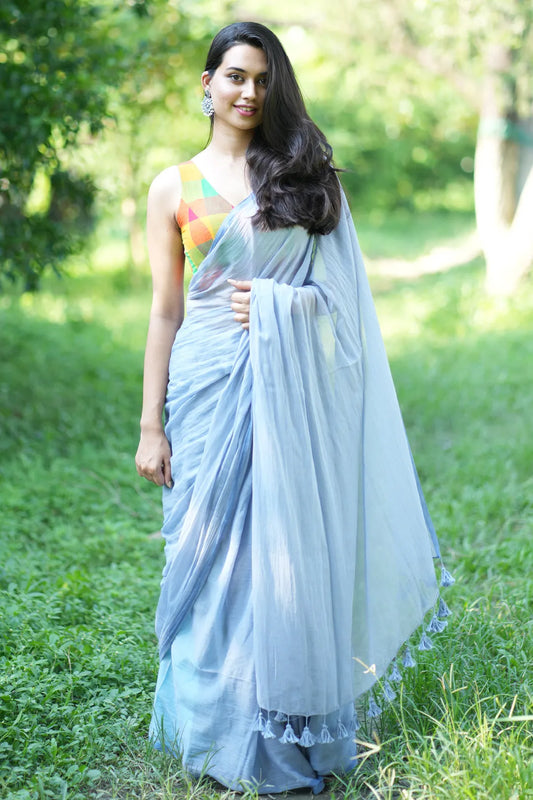 Plain Light Blue Handloom Cotton Saree - I Love Sarees