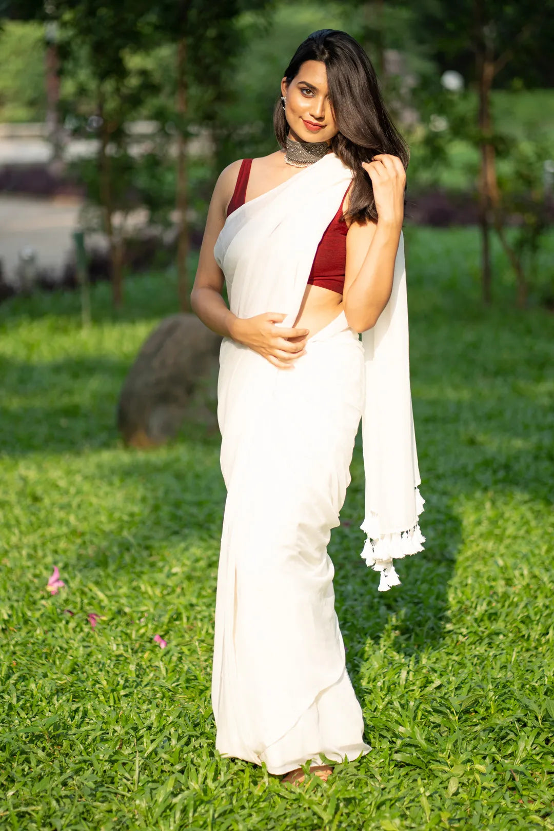 Shop Stunning Off White Satin Saree with Strappy Blouse |Crop Jacket – Pure  Elegance