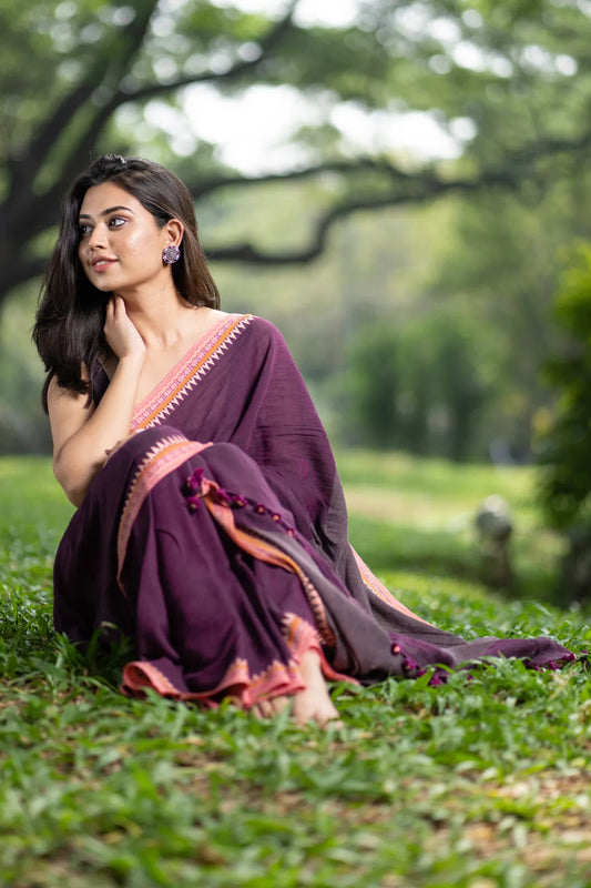 Purple Saree with baby pink jacquard border | Handloom Cotton Saree - I Love Sarees