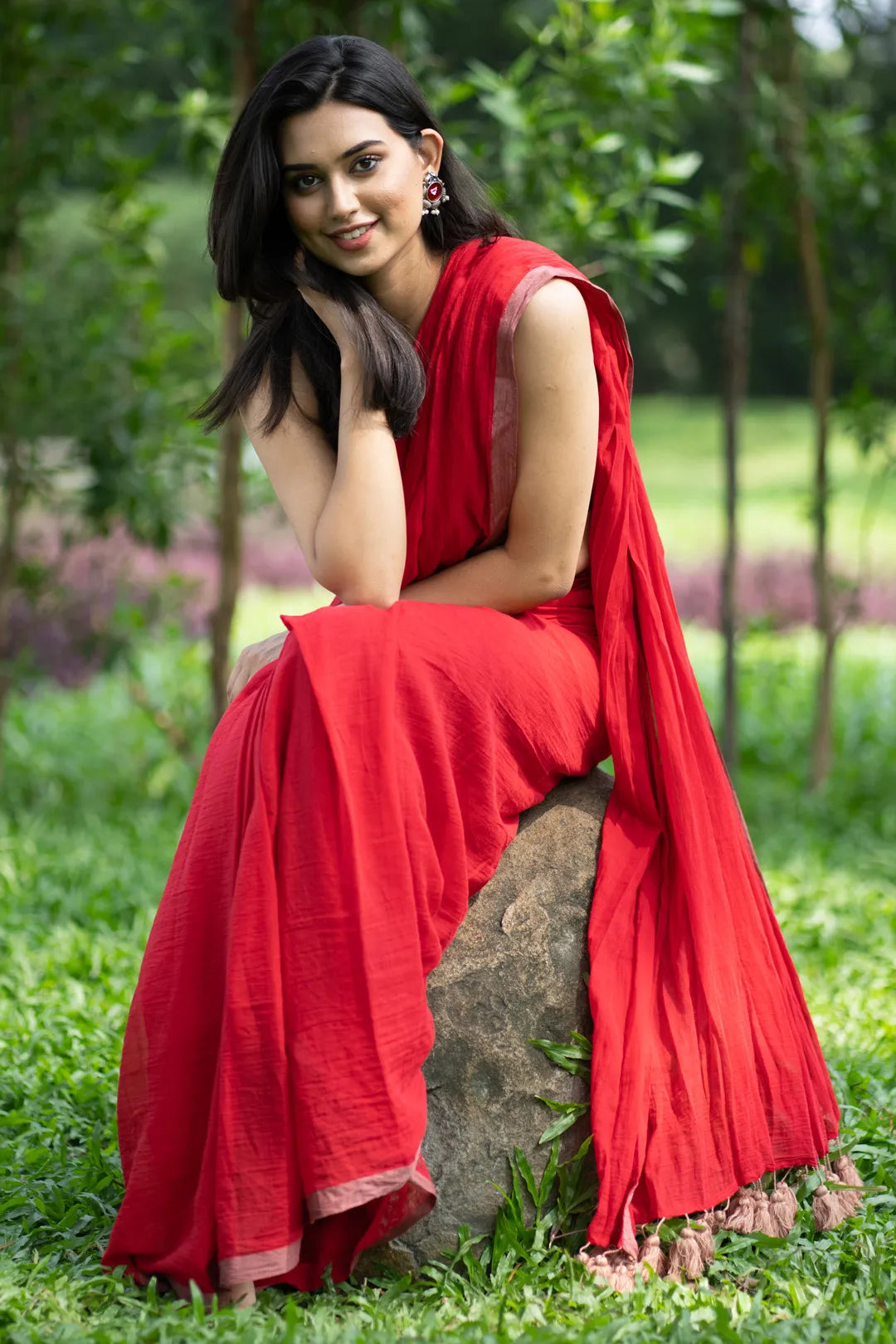 Red saree with golden brown border - pure cotton saree with tassels - I Love Sarees