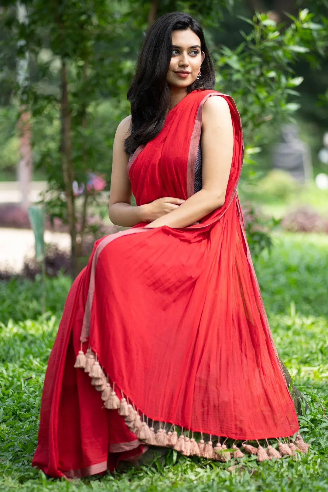 Red saree with golden brown border - pure cotton saree with tassels - I Love Sarees