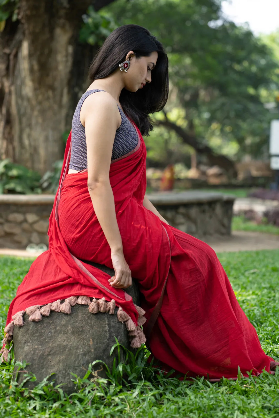 Red saree with golden brown border - pure cotton saree with tassels - I Love Sarees