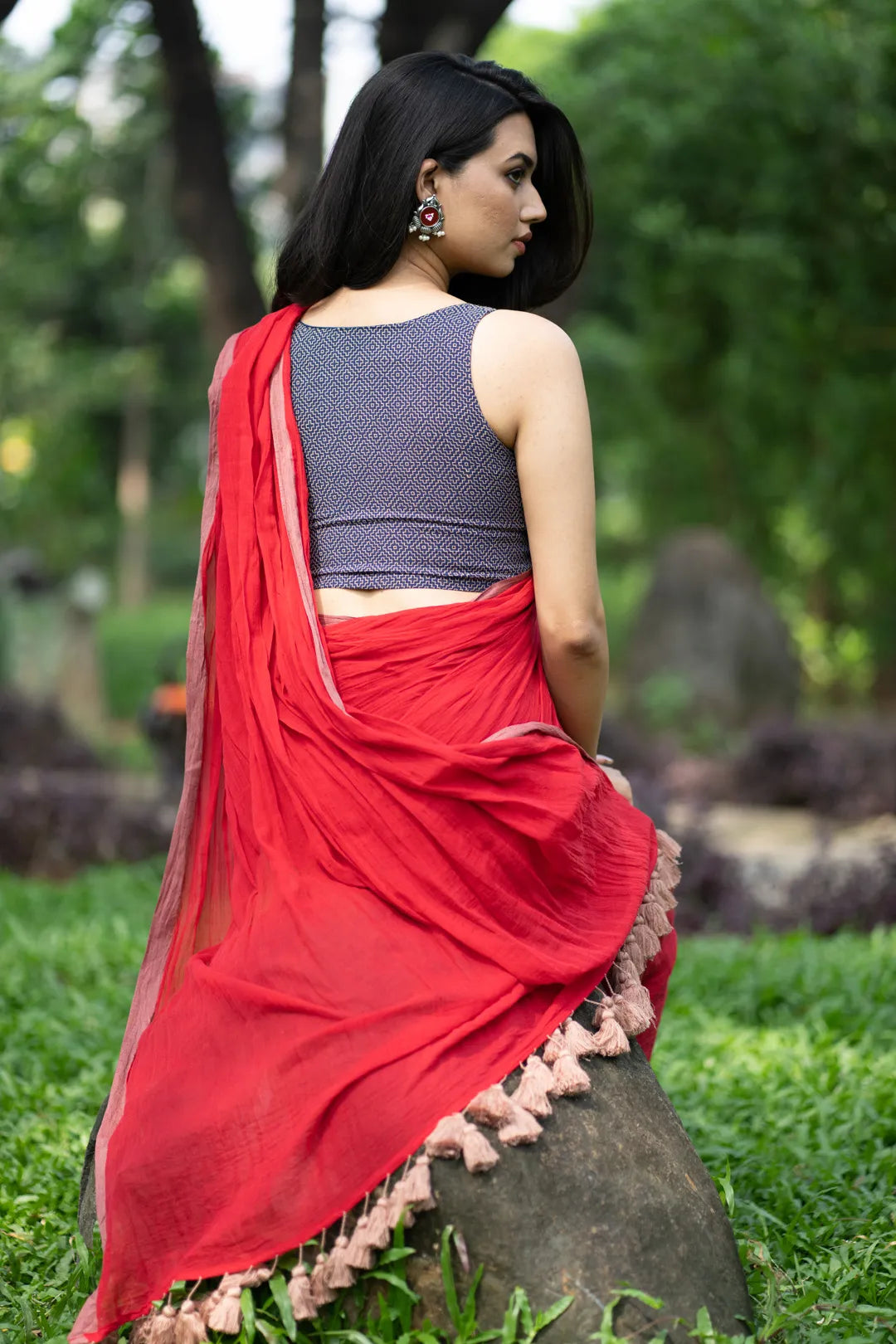 Red saree with golden brown border - pure cotton saree with tassels - I Love Sarees