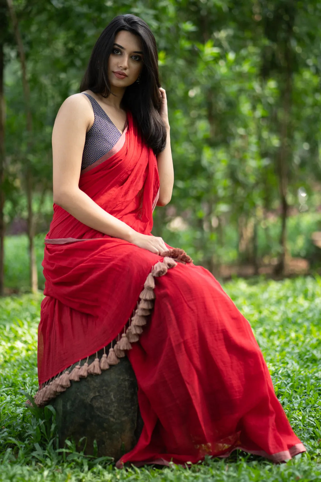 Red saree with golden brown border - pure cotton saree with tassels - I Love Sarees